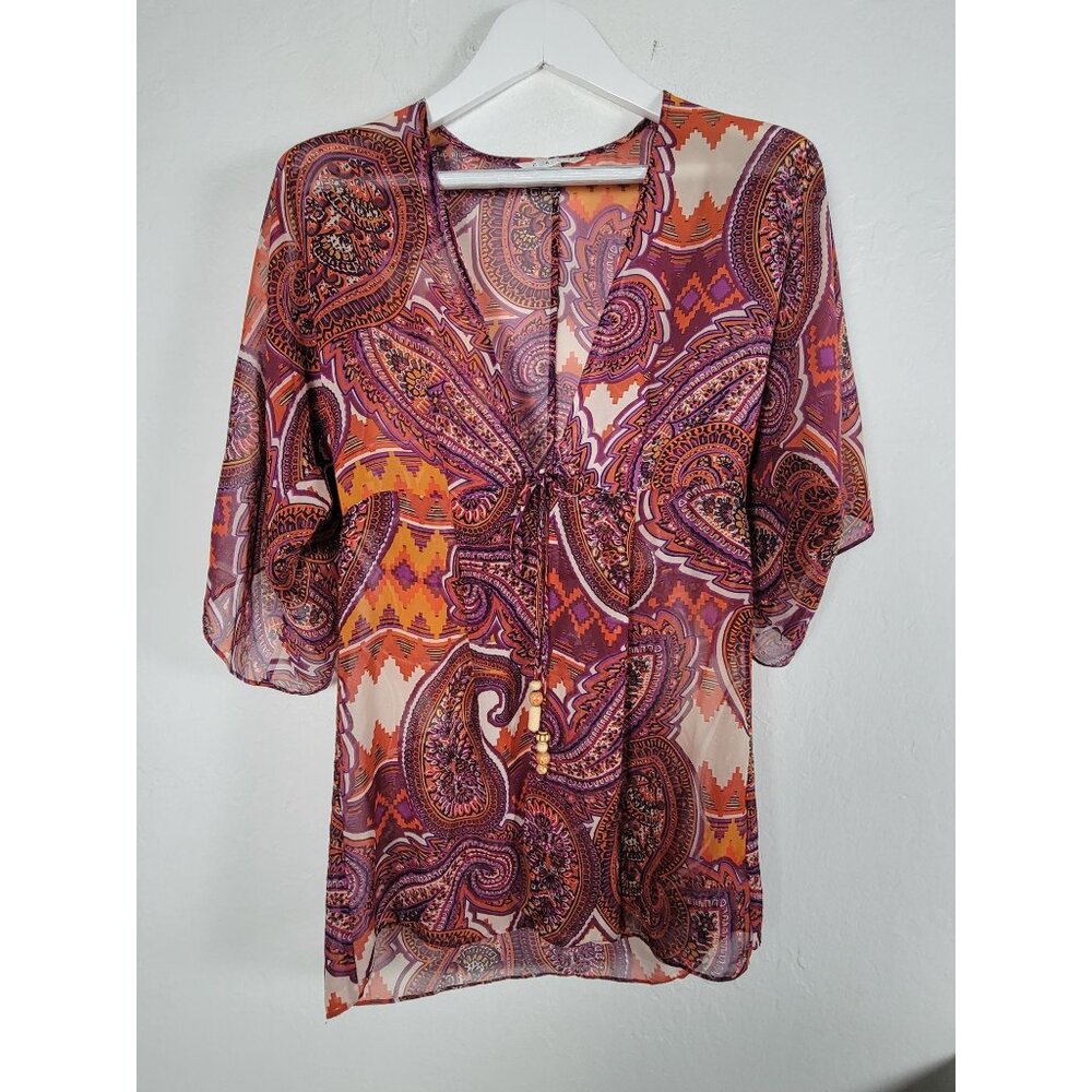 CAbi Womens Epic Sheer Kimono Tunic Top Small Tie-Front Boho Lightweight V-Neck